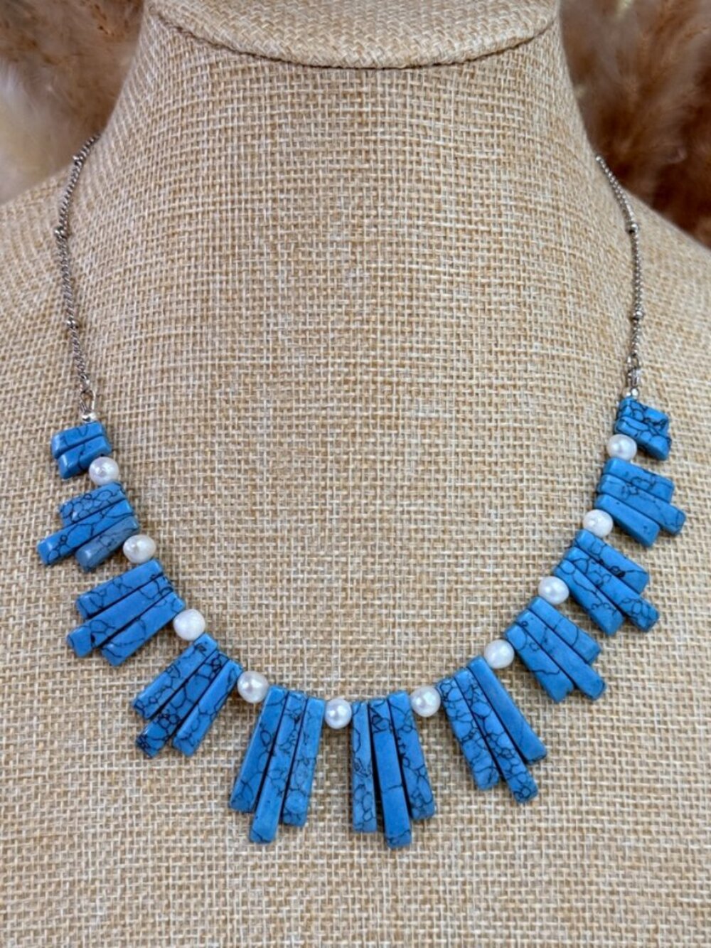 Turquoise Pearl Fringe Statement Necklace Handmade